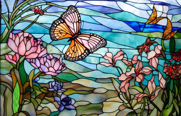 Schmetterling - Glasmalerei Mosaik von Tieren am Teich - buntes Tiffany Glas - obrazy, fototapety, plakaty