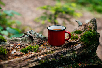 Obraz premium a red mug of tea stands on a log in the forest