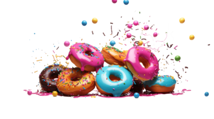 donuts falling in motion isolated on a transparent background