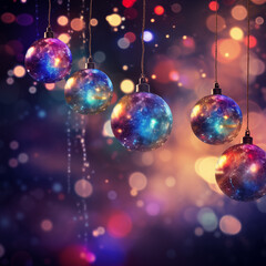 Winter, snow, mystical and cozy ambiance, Christmas ornaments hanging on a Christmas tree, with a background of numerous small light spots.
