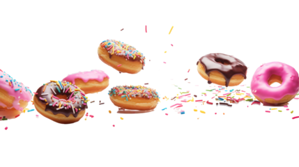 donuts falling in motion isolated on a transparent background