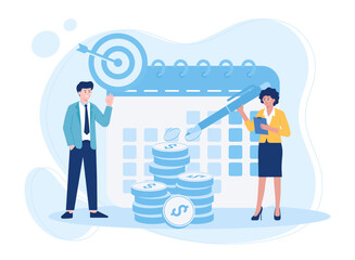 Male and female characters are arranging a schedule for a business concept flat illustration