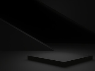 Black podium. Black geometric shape background.