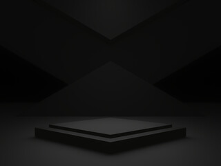 Black podium. Black geometric shape background.