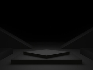 Black podium. Black geometric shape background.