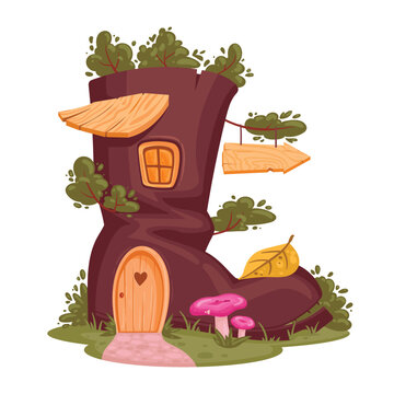 Cartoon old boot house. Fantasy world cute cabin, fairy tale little house with leaves and mushrooms flat vector illustration. Fairytale boot house