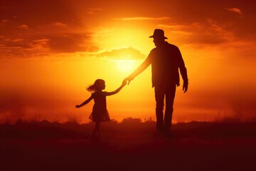 Parent and Child Silhouette Holding Hands at Sunset - Family Bonding, Care, and Friendship Concept with Flare Light Effect - obrazy, fototapety, plakaty