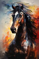 Obraz na płótnie Canvas Dramatic Horse Impressionist Painting of Dark Equine Portrait in Oil and Acrylic Art