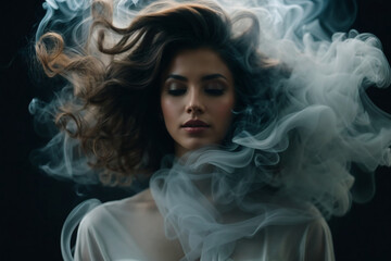 The face of a beautiful woman is shrouded in smoke. Abstract image of dreams, memories, dreams, female beauty