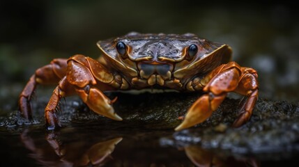 Closeup of a red rock crab in the rainforest. Wildlife concept.  Seafood concept.