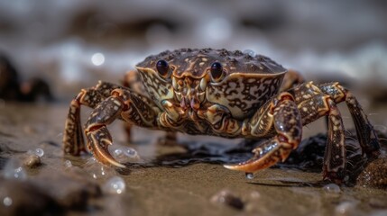 Close up of a crab on the beach in the evening light. Wildlife concept.  Seafood concept.