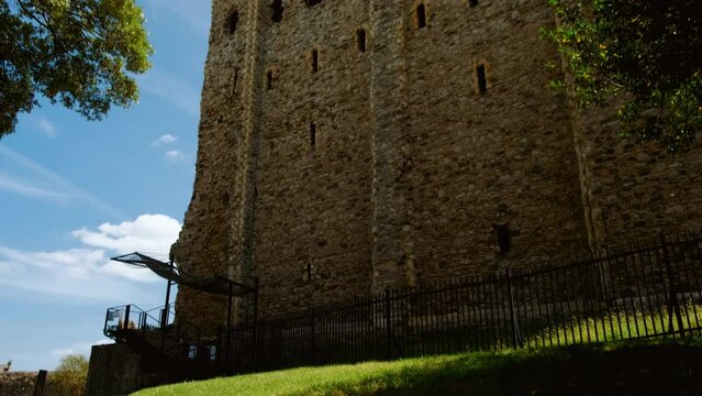 Close-up view of 12th century Rochester Castle, founded after the Norman Conquest, one of the best preserved castles in England