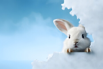 Adorable Easter Bunny Peeking Through Blue Wall - Generative AI