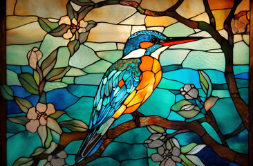 Eisvogel - Glasmalerei Mosaik von Tieren am Teich - buntes Tiffany Glas - obrazy, fototapety, plakaty