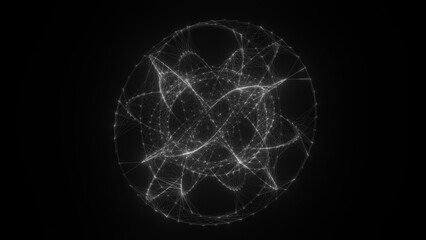 Flowing orbital polygonal sphere shape HUD, FUI element. Plexus style connecting lines and dots.