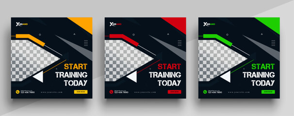 Gym and fitness social media post banner template with Yellow red and green color, Sports and Fitness social media post banner
