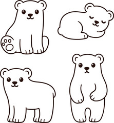 Cute cartoon bear cubs line art drawing set. Black and white outline for coloring, simple clip art illustration.