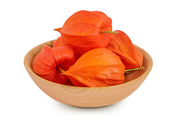 Cape gooseberry, physalis in wooden bowl isolated on white background with full depth of field
