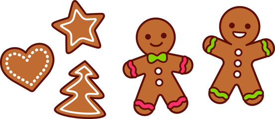 Traditional Christmas cookies, gingerbread man and shapes with sugar icing decoration. Simple cartoon drawing, hand drawn doodle. Clip art illustration set.