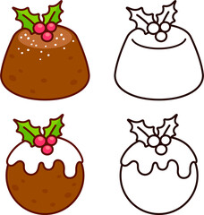 Traditional Christmas pudding with holly berries. Color cartoon drawing and black and white line icon. Clip art illustration set.