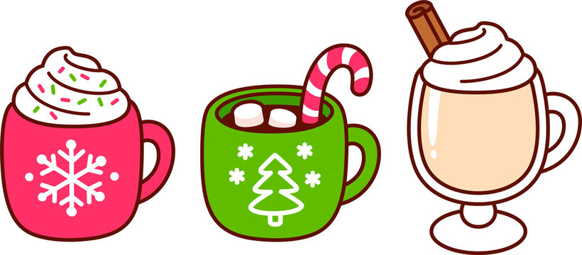Christmas drinks, coffee with whipped cream, hot chocolate with marshmallows, eggnog. Kawaii hand drawn doodles. Cute cartoon illustration set.