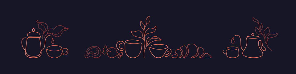 Tea cup line symbol for cafe. Dessert, croissant