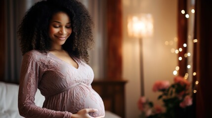 Pregnant Woman smiling caressing her belly, Happy in pregnancy 