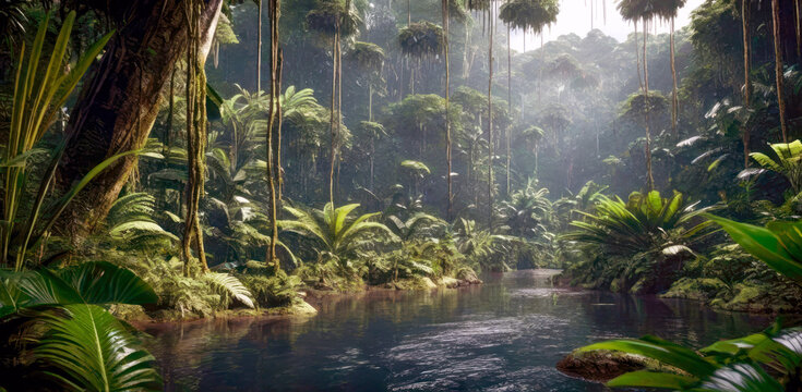 Amazon river landscape flowing through a tropical rainforest. Generative ai © designermetin