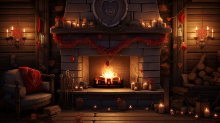 A cozy fireplace decorated with heart garlands, plush cushions, and flickering candles.