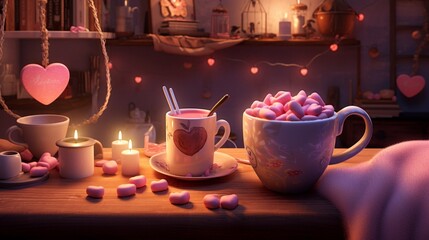 A cozy corner with a hot chocolate bar, marshmallows, and heart-shaped stirrers.