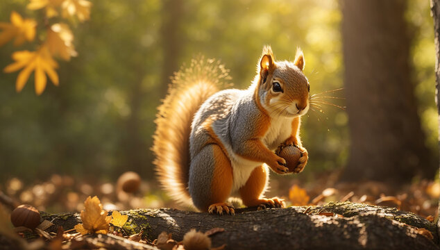 In a lush, sun-dappled forest, picture a playful squirrel gathering nuts in a tall oak tree - AI Generative