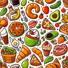 seamless food pattern background illustration.natural organic healthy fresh vegetable fruit tomatoes icon doodle wallpaper.eatery vegetarian vegan ingredient green nature texture vector design.