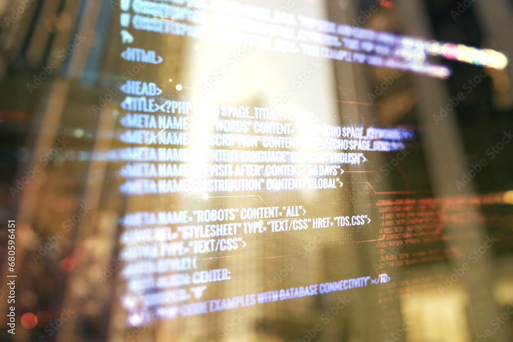 Poster multi exposure of abstract programming language hologram on blurry cityscape background, artificial 
