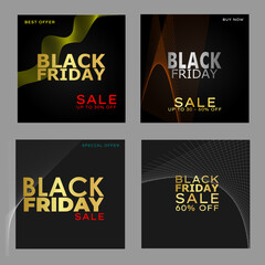 Set of gold Black Friday sales. Banner, poster, cover, print with line art background