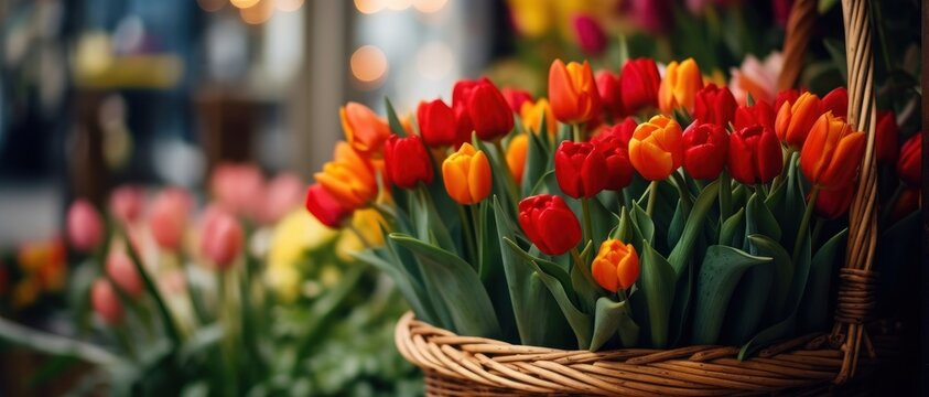 Colorful tulips in a wicker basket on a street market