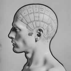 AI generated image of an human head with phrenology signs