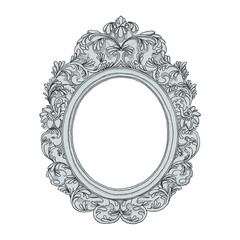 Opulent frame hand-drawn with ink and digitally colored, grey on a transparent background