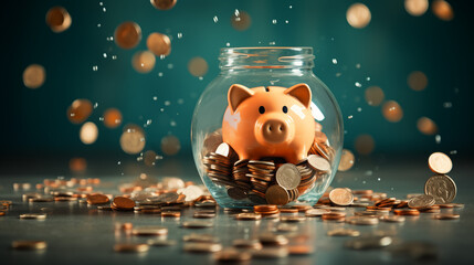 Piggy bank with coins in a jar on the table. Saving money concept - obrazy, fototapety, plakaty