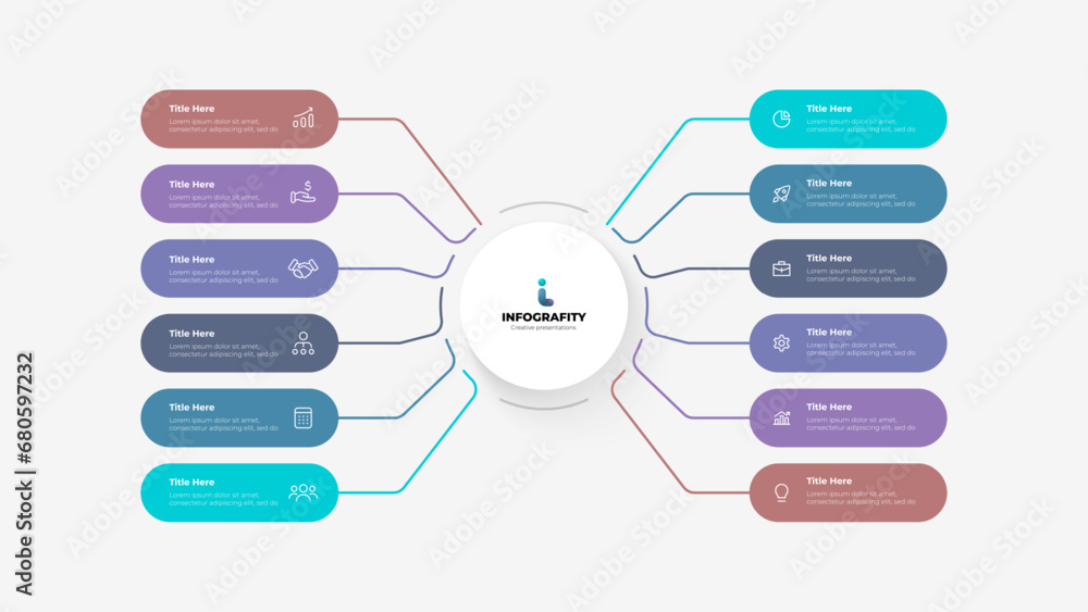 Poster Flowchart infographic business template. Central circle with 12 rounded elements. Vector diagram with twelve options