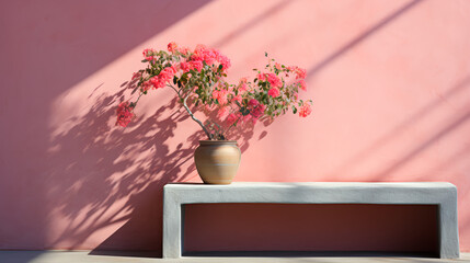 Pink stucco minimalist modern building - white low key table - pink flowers 