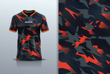 T-shirt mockup with abstract camouflage pattern jersey design for football, soccer, racing, esports, running, in black red color