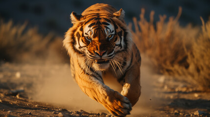Under the morning light, a ferocious tiger’s claws extend for a deadly strike as it runs for the attack, Generative AI