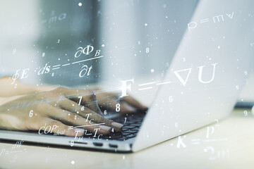 Creative scientific formula hologram with hands typing on computer keyboard on background, research concept. Multiexposure