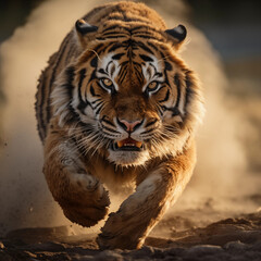 The morning light illuminates a ferocious tiger running for an attack, claws extended for a deadly strike, Generative AI