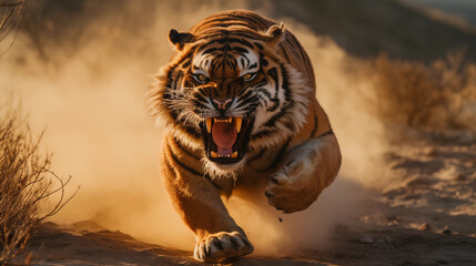 A deadly strike awaits as a ferocious tiger, bathed in morning light, runs for the attack with extended claws, Generative AI - obrazy, fototapety, plakaty