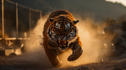 In the glow of morning light, a deadly strike is imminent from a ferocious tiger running for the attack, claws extended, Generative AI