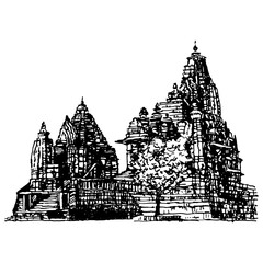 Lakshmana and Matangeshwara Hindu temples in Khadjuraho, India. Hand drawn ink sketch. Black and white silhouette.