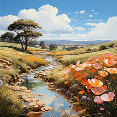 A vibrant portrayal of fields adorned with colorful spring flowers, highlighting the diversity and freshness of nature