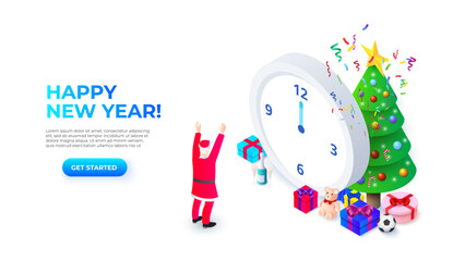 Santa Claus and Christmas tree with gifts. The clock shows midnight. Isometric vector illustration