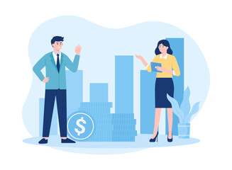 Male and female characters are arranging a schedule for a business concept flat illustration